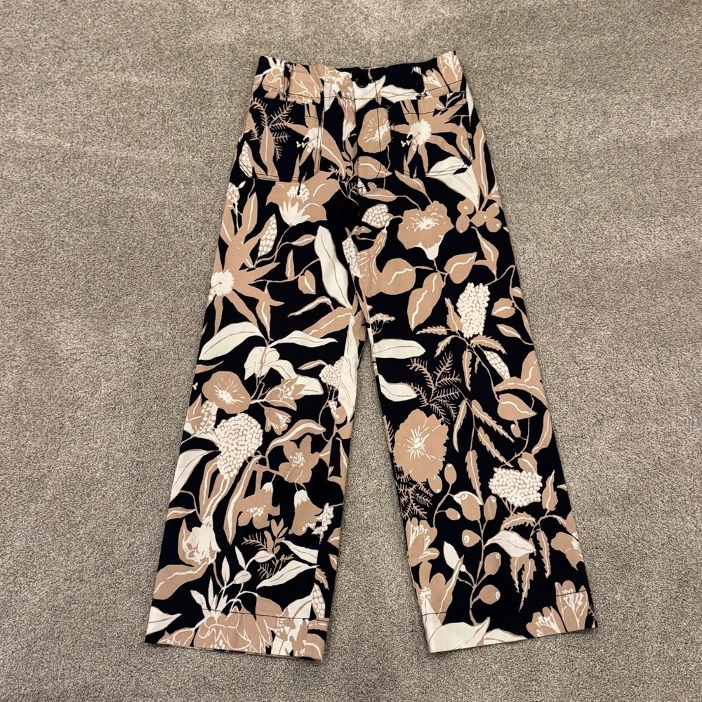 Anthropologie Maeve Colette Jo Faulkner Wide-Leg Cropped Floral Navy Pant 27 - Picture 4 of 11